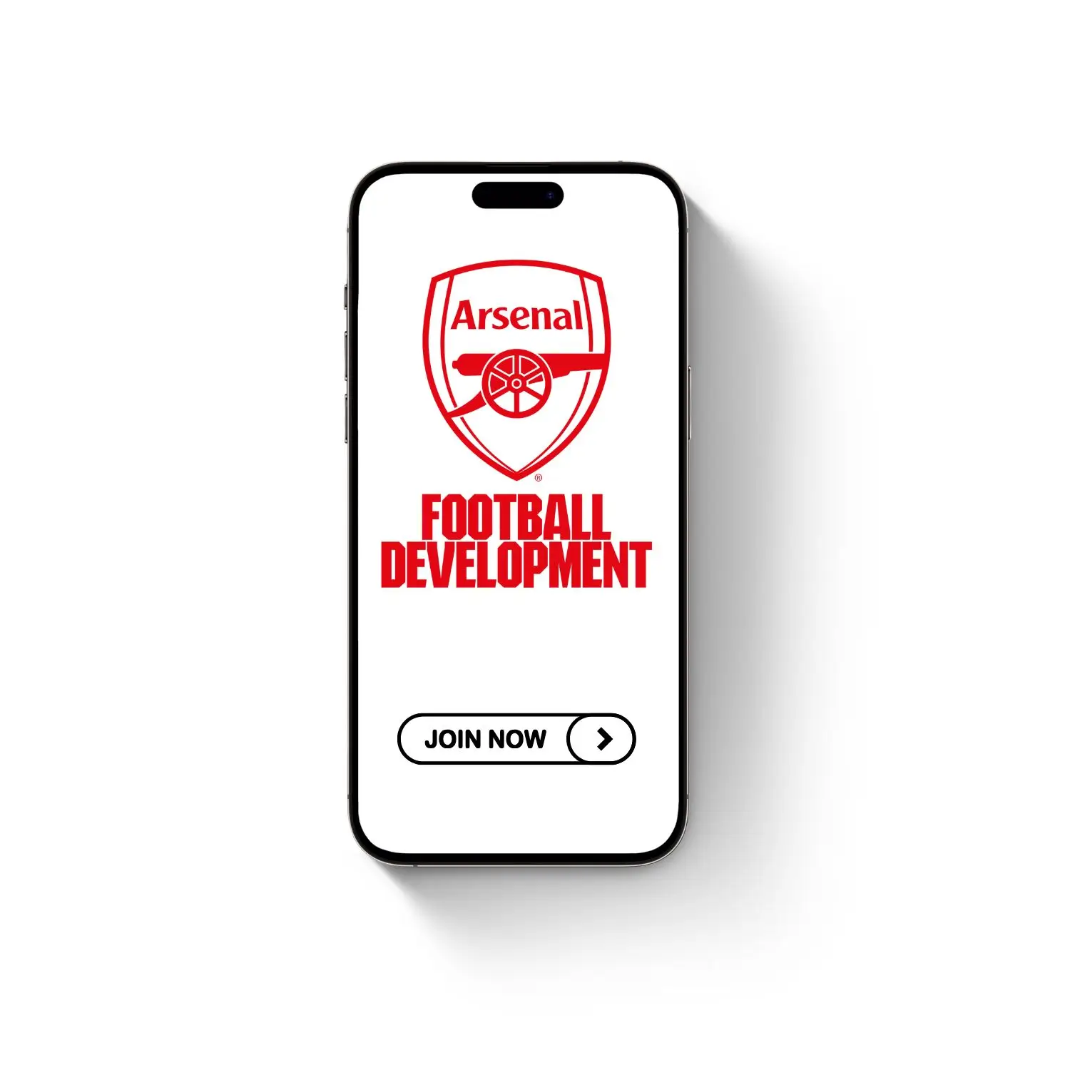 Arsenal Football Development logo on mobile screen with Join Now button